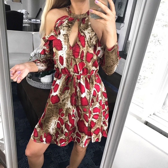 🆕 RED TAN SNAKE PRINT COLD SHOULDER SATIN DRESS - Picture 1 of 10